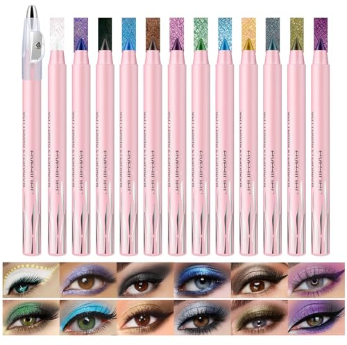 KYDA 12 Bunte Lidschatten Stift Set, Glitter Lidschatten Bleistift Crayon Langanhaltender wasserdichter Schimmer Bleistift, Eye Brightener Stick für Augen Make-up