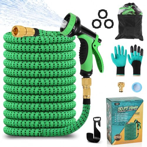 Manguera de Jardín Extensible, Manguera de Agua Flexible con Boquilla de Pulverización de 10 Funciones y Conectores de Latón de 3/4 Garden Hose con para Lavado de Coche, Patio, y Mascota (50FT/15M)