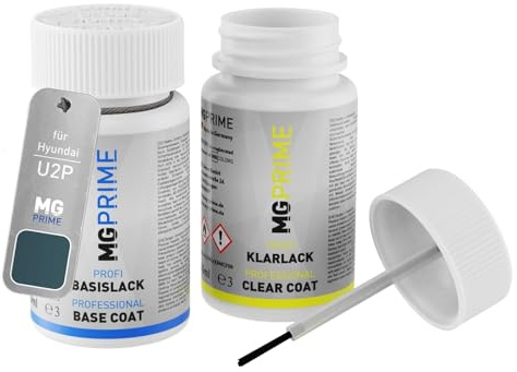 MG PRIME Autolack Lackstift für Hyundai U2P Sailing Blue Pearl + Klarlack | Set aus Basislack + Klarlack, Lackfläschchen mit Pinsel, je 50ml