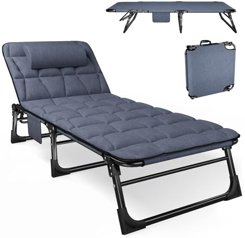 ATORPOK SHOP Foldable Sun Lounger with 4-Position Adjustable Backrest, Portable Multi-Use Camping Bed & Reclining Chaise Chair for Garden/Beach/Pool/Patio, Includes Padded Mattress & Pillow - Blue