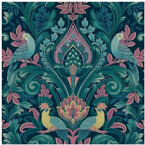 Grandeco Peacock Themed Damask Style Textured Vinyl Bold Coloured Wallpaper in Navy Blue/Pink Perfect for Feature Walls Living Rooms Bedroom Decoration A67801
