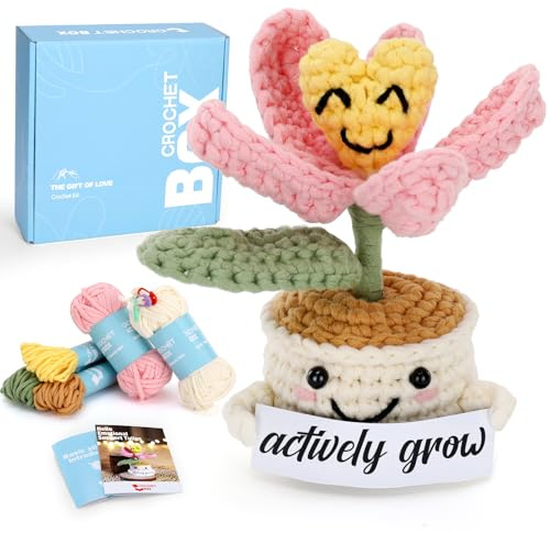CrochetBox Komplettes Häkelset für Anfänger, Tulpen in Töpfen Häkelset, Video-Tutorial einbeziehen, Anleitung, Weiches Garn
