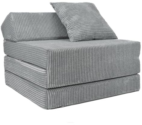 FORTISLINE - Klappmatratze 200x70x10cm mit Kopfteil & Kissen – Gästebett ausklappbar für Kinderzimmer & Camping Matratze Schaumstoff – Faltmatratze tragbar – Faltbare Matratze aus Cord – Hellgrau