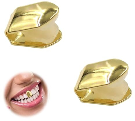 YUZNA 2 Stück Hip Hop Zähne Golden Zahn Kappen Punk Schmuck Musikfestival Karneval Party Zahnschmuck Kostüm Mund Zähne Zubehör Zahndekoration (Golden)