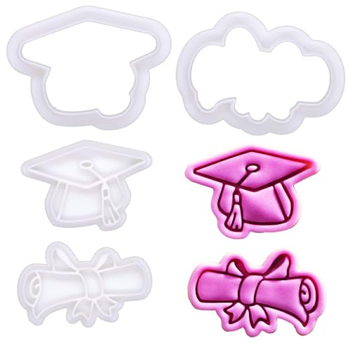 BAKERLOGY Mini Graduation Hat and Scroll Cookie Cutter and Stamp Set (2) – Graduation Day Embosser for Celebration Cookies, Fondant Tool for Graduate Class and Academic Party Cakes and Cupcakes
