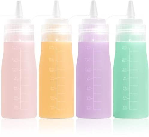 Mrsdry Condiment Squeeze Bottles, 16 oz Silicone Squeeze Bottles For Sauces, Leak Proof Condiment Containers with Extra Interchangeable lid, Easy Squeeze for Oil, Honey & Dressings, BPA FREE (4 Pack)