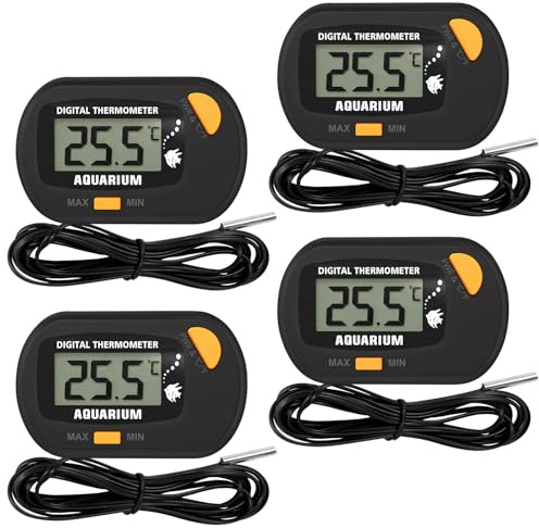 Lot de 4 thermomètres numériques LCD avec ventouse et sonde de câble LCD - Thermomètre à eau d'aquarium - Hygromètre - Terrarium - Pour aquariums à poissons et reptiles - Réfrigérateur - Environnement