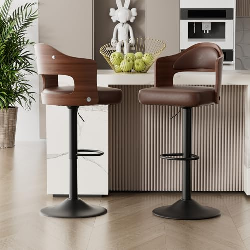 Hawthyhome Barhocker 2er Set Barstuhl Tresenhocker Bistrohocker 360°Drehstuhl Küchenstühle mit offene Rückenlehne und Fußstütze Stuhl mit Armlehnen Lobby Tresen Küche Hausbar Braun Nussbaumholz