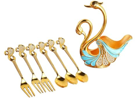 Gcljlmy Juego de tenedores de postre de café, soporte básico con 3 cucharas y 3 tenedores, cubiertos para arroz revuelto de postre de fruta, arroz revuelto (azul claro)
