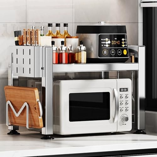 Extendable Microwave Oven Rack, Adjustable Storage Stand with Hooks and Holder for Kitchen Counter Organization