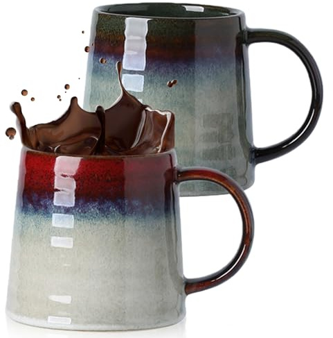 450 ml kaffekopp stor, 2-pack stengods kopp med handtag, keramisk kaffemuggset för kontor och hem, lätt att hålla, mikrovågsugnar och diskmaskinssäkra (bläckgrön och bläckröd)