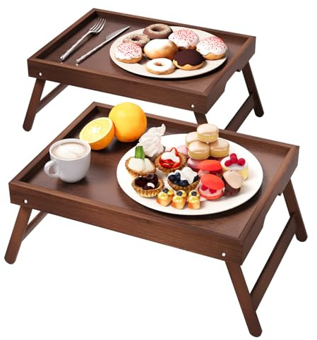 Fibogollo 2er Pack Betttablett mit klappbaren Beinen, Bambus Frühstückstabletts, Serviertablett Betttisch für Essen and Snack, Laptoptabletts zum Arbeiten (Braun)