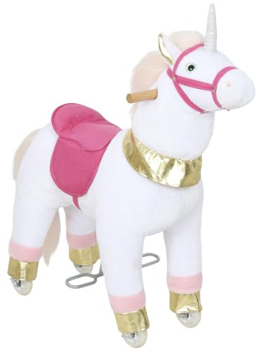 AIYAPLAY Ride On Horse Plush Kids Rocking Horse with Wheels Ages 3-5 White