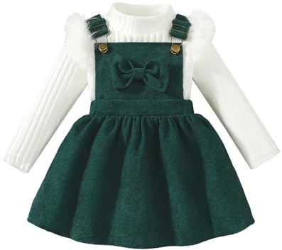 QUNERY Toddler Baby Girl Clothes Long Sleeve Knit Ribbed Tops Bowknot Corduroy Suspender Skirt Dress Outfits Green 4-5 Years