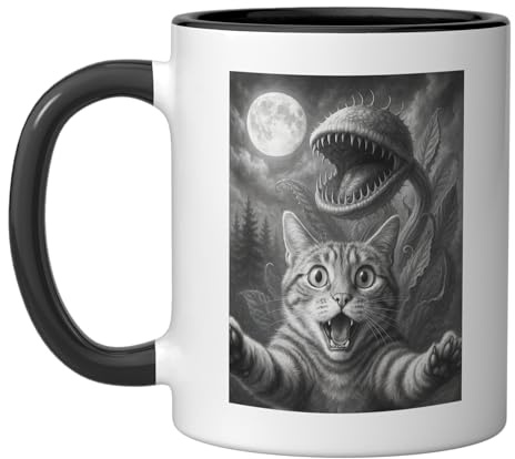 Funny Carnivorous Plant Venus Fly Trap Design Cat Selfie Ceramic Mug, Black/White