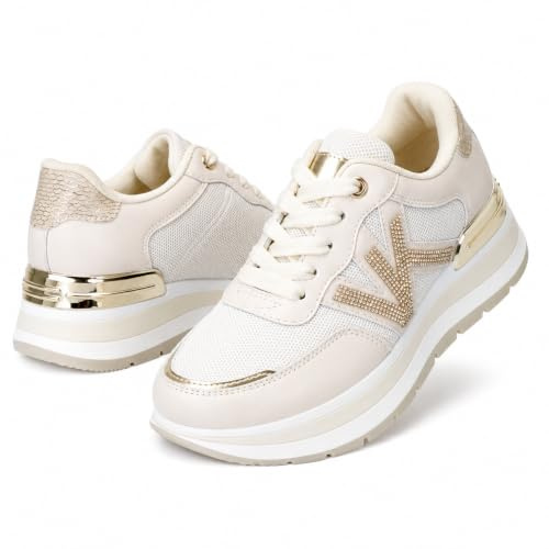CLEIKS Scarpe da Ginnastica Donna con Zeppa Dettagli in Strass Oro Suola in Gomma Antiscivolo per Passi Sicuri (Beige, 41EU, WSC260162-7)