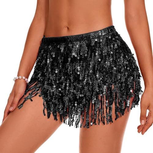 KOEMCY Gonna di Paillettes per Donne e Ragazze - Danza del Ventre con Nappe Glitter Moda Carnevale - Festival Dance Performance (Nero)