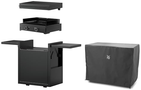 WMF Plancha Set 60E mit Plancha Grill elektrisch/Planchadeckel/Planchawagen/Abdeckhaube, 3200 W, 75 x 99.5 x 63 cm, Stahl/Gusseisen/Aluminium/Edelstahl, schwarz