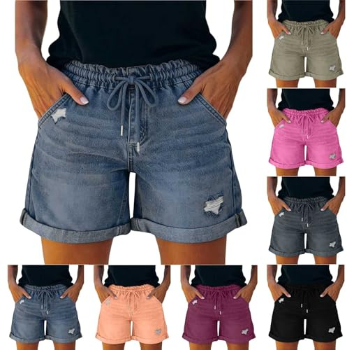 Pantalones Cortos Vaqueros de Mujer con Cordón Ajustable Verano Casual Minimalista Bermudas Shorts Jeans Comodos Elasticos Pantalon Corto Vaquero Elegantes Retro Original Denim Shorts