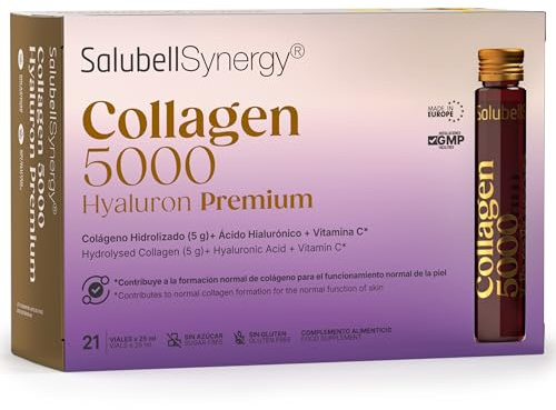 Salubell Synergy® Collagen 5000 PREMIUM, bebible 21 viales x 25ml, beneficios piel y articulaciones, 5000 mg de Colágeno Hidrolizado, Ácido Hialurónico, Zinc, Multivitamínico