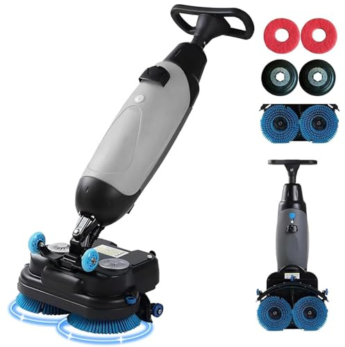 Autolaveuse électrique pour sols durs, mini brosses rotatives doubles de 17 pouces, tête à 360°, nettoie 13 000 pi²/h avec réservoirs d'eau séparés