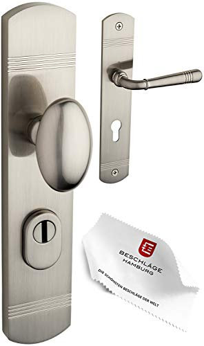 Beschläge Hamburg | Türgriff Eingangstür Schutzbeschlag | Emily 70-09 MMN mit 72 mm PZ | Wohnungstür Sicherheitsgarnitur/Sicherheitsbeschlag | 250 x 50 mm in matt vernickelt