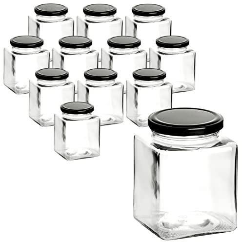 gouveo 12er Set Einmachgläser 730 ml eckig mit Schraub-Deckel schwarz - Große Vorratsgläser mit Drehverschluss - Leere Marmeladengläser, Einkochgläser, Einweckgläser, Aufbewahrungsgläser
