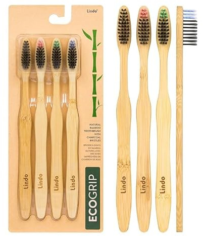 Lindo EcoGrip Bamboo Toothbrush - Soft German Made Fiber Bristles, Organic and Recyclable, Natural Handle (Charcoal)