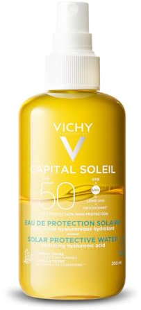 Vichy Capital Soleil Sonnenspray mit Hyaluron und LSF 50, Bis zu 24 Stunden Feuchtigkeit, Hoher Schutz gegen UVA- und UVB-Strahlung, Antioxidativer Schutz vor sonnenbedingter Hautalterung, 200 ml
