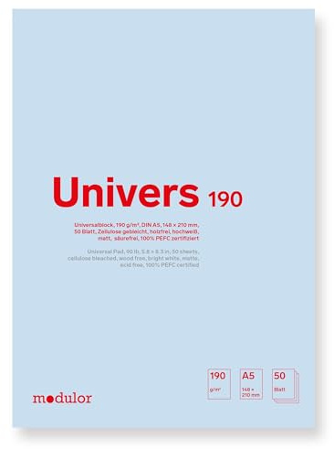 Universalblock U190, 190 g/m², 148 x 210 mm, für DIN A5, 50 Blatt (blanko) | Skizzenblock aus hochweißem Papier mit matter Oberfläche; geeignet für trockene Zeichenmaterialien wie Blei, Kohle und Kreide