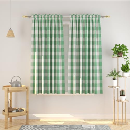 Buffalo-Karo, Baumwollvorhänge, 114,3 cm lang, Keller, Grün und Weiß, Vichy-Karo, Küchenfenster, Vorhangpaneele, Wohnzimmer karierte Vorhänge, Schlafzimmer, Stangentasche, Fensterbehandlung, 2 Paneele