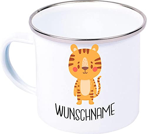 Kleckerliese Kaffeetasse Emaille Tasse Geschenk Kinder Tiermotive personalisiert Name Tiere, Tiger