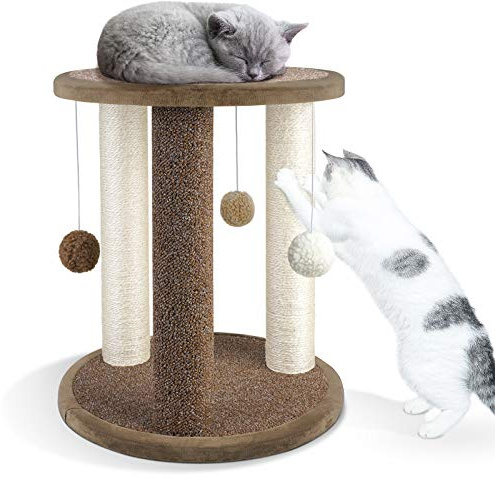 Aibuddy Cat Scratching Post, Scratching Tower with 3 Scratcher Posts，Carpeted Base Play Area and Perch (Cat Interactive Toys, Dangling Ball,East to Assemble, 40 x 40 x 47cm)