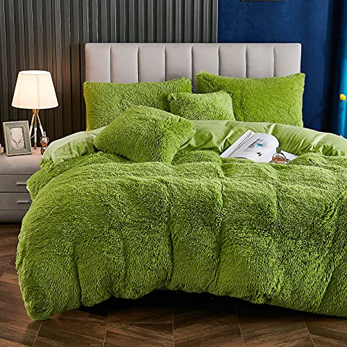Yaoshuho Plush Fluffy Duvet Cover King Size Luxury Ultra Soft Shaggy Duvet Cover Set Faux Fur Comforter Bedding Set(1 Duvet Cover + 2 Pillow Shams), Green