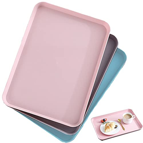 Rechteckige Tabletts aus Kunststoff, 3 Stück Fast Food, rechteckige Form von Lebensmitteln Tabletts, rechteckiges Tablett aus Kunststoff für Küche, Esszimmer, Café (Rosa, Blau, Grau)