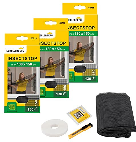 Schellenberg 3er Spar-Pack 50715 Fliegengitter für Fenster Insektenschutz und Mückenschutz inkl. Klebestreifen, ohne Bohren, 130 x 150 cm, anthrazit