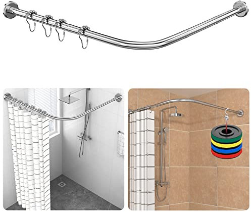Duschvorhangstange L-Form Verstellbar, Duschstange aus 304 Edelstahl, (70-100 cm × 70-100 cm), Eckduschstange mit 18 Edelstahlringen, Bohren oder Bohrfreie Montage, für Badezimmer & Badewanne - Silber