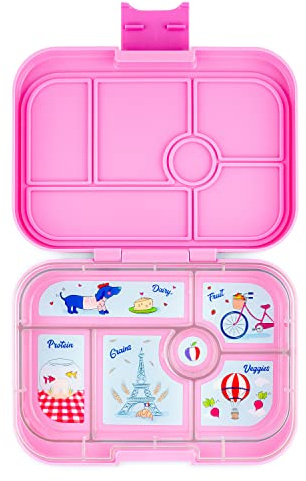 Yumbox® Fiambrera Bento original a prueba de fugas para niños, 5 compartimentos + cierre fácil de abrir, porciones justas, bandeja ilustrada extraíble (rosa Fifi - París), edades de 3 a 7 años