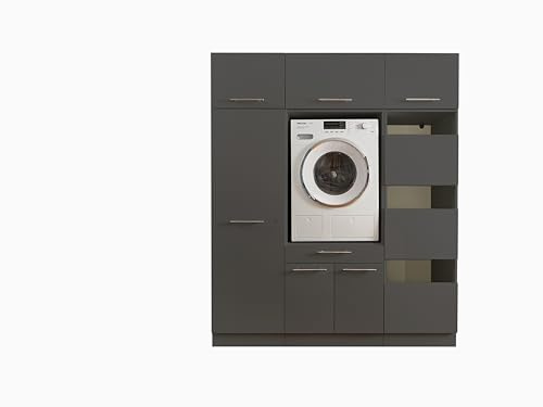 Laundreezy Waschmaschinenschrank, Wäscheschrank, Mehrzweckschrank und 3X Schrankaufsatz, Anthrazit - Waschmaschinen-Überbauschrank TÜV-Zertifiziert mit viel Stauraum - 167,5 x 200 x 67,5 cm (B/H/T)