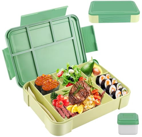 Litimkat Fiambrera para niños con 1330 ml lonchera a prueba de fugas con compartimentos, lonchera de viaje, adecuada para adultos, niñas y niños, apta para microondas/lavavajillas (verde)