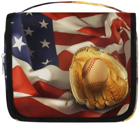 Trousse de toilette de voyage à suspendre avec gants de baseball et drapeau américain pour femmes, hommes, enfants, filles, garçons, trousse de toilette à suspendre, couleur, 4.5 L, Organiseur de sac