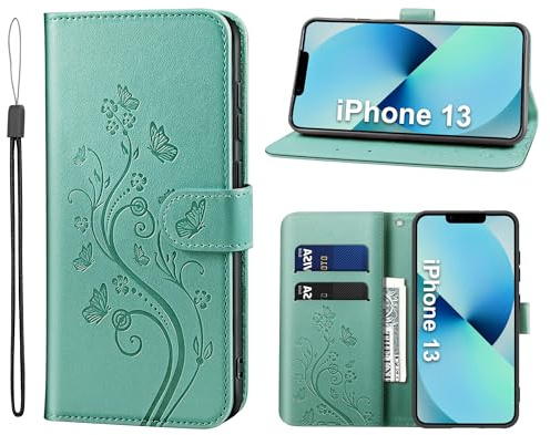 KRAFTCARE Lederhülle kompatibel mit iPhone 13 Hülle, Flip Wallet Handyhülle mit Kartenfach Ständer Premium PU Leder Klapphülle Schutzhülle für iPhone 13, Grün | Premium PU Leder mit Prägung, Kartenfach, Ständer, Magnetic Closure, RFID Blockierung, Flip Wallet Handyhülle, Grün