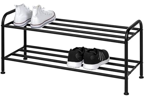 eluno offenes Schuhregal für 8 Paar Schuhe aus schwarzem Metall mit 2 Ablagen, höhenverstellbare Füße, Schuhständer, Schuhablage, Schuh-Organizer ca. 79,5 x 36 x 31 cm (B/H/T)