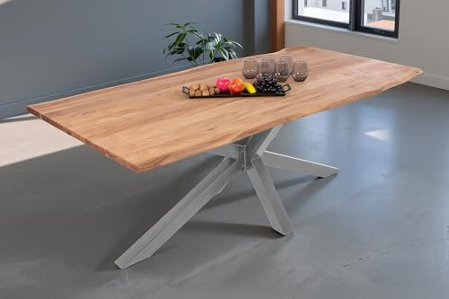 SAM Baumkantentisch 180 x 90 cm Dana, massiver Esstisch Eiche, Esszimmertisch mit silbernem Spider-Gestell aus Metall, echte Baumkante, pflegeleichter Holztisch