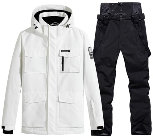 HOUZONIY Traje de esquí para hombre, traje de nieve, transpirable, cortavientos, pantalones de nieve, chaqueta de nieve con capucha desmontable para esquiar, snowboard, traje de esquí, Blanco y negro