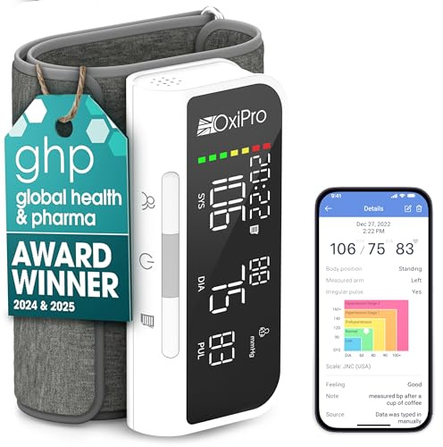 OxiPro BP2 Smart Blood Pressure Monitors with App - Health & Pharma Awards Winner 2025 - Arm Blood Pressure Machines - Universal Small to Large Arm Cuff - Bluetooth BP Monitor