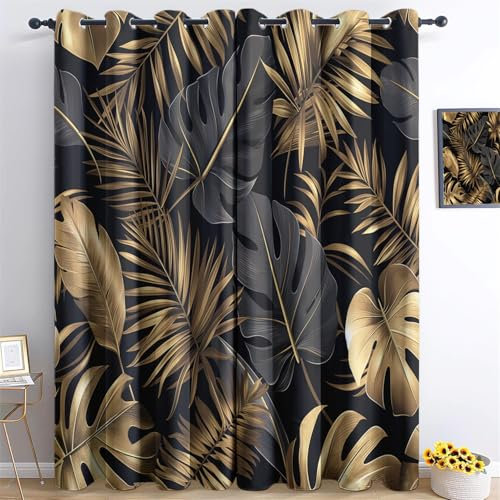Vorhänge Schwarzes Gold Muster - Goldene Monstera-Blätter Fenster Gardinen mit Ösen, Vorhang Blickdicht Verdunklungsvorhänge Thermovorhang für Wohnzimmer Schlafzimmer H183 x B117 cm (2er Pack) (B x H)