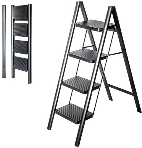HOSTRÖM Escabeau 4 marches FOLDPACT4, Marche Pied Pliable, Design Ultra-Compact, Marches Larges 17,5 cm, Acier, Etagère temporaire, Garantie 5 Ans