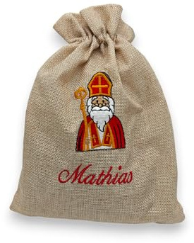 Personalisiertes Nikolaussackerl mit Name - weihnachtliche Bestickung - Motiv röm.-kath. Nikolaus - Nikolaussack - Nikolausbeutel - Jutebeutel
