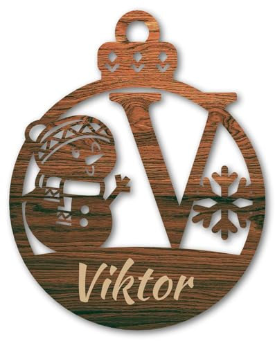 Urhome Weihnachtskugel personalisiert mit Wunschtext Gravur Buchstabe V mit Schneeman Motiv Dunkel Braun - Ornament Christbaumschmuck Weihnachtsdeko Weihnachtsbaum Anhänger aus 6,5mm Holz